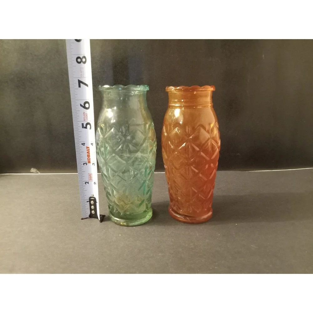 Quilted Diamond Pattern Glass Vase Set of 2 Blue Orange 6.5 Inch Pressed Glass